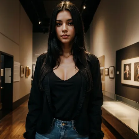 Woman with long black straight hair in the museum wearing a black blouse and a denim blazer