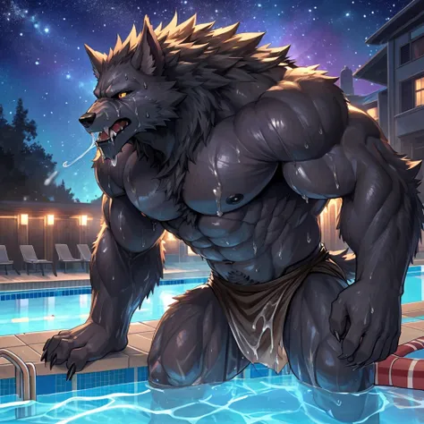 (highest quality:1.2), (masterpiece:1.2), anime, ultra detailed, angle from bottom
, Shaggy male black wolf, Black Wolf, great physique,Strong arms, manly
, (Excessive sweating:1.7), (Sweat all over the body:1.7)
, (Transforming from a human to a werewolf:...