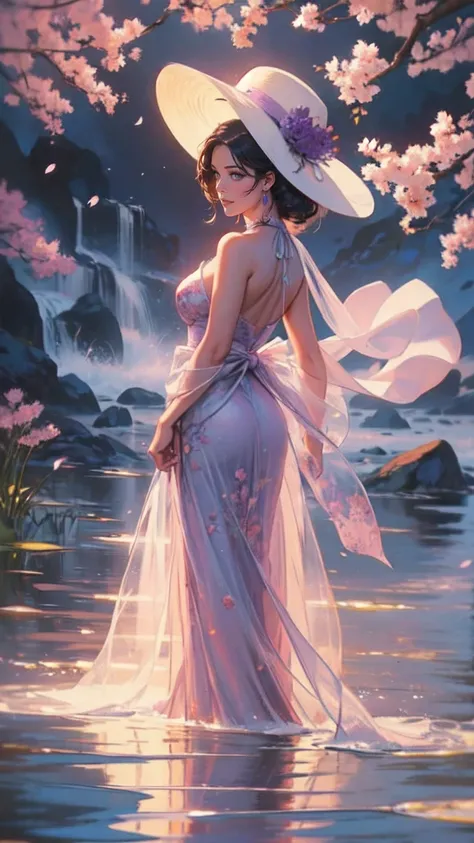 （masterpaintingelhor Quoridade），Riverside，There are many tall buildings across the river，profundidade de campo，perfect  lighting，light particleelhor Quoridade），（masterpaintings），（hiper detalhado），sharp focus，light particles，a beautiful Chinese woman standi...