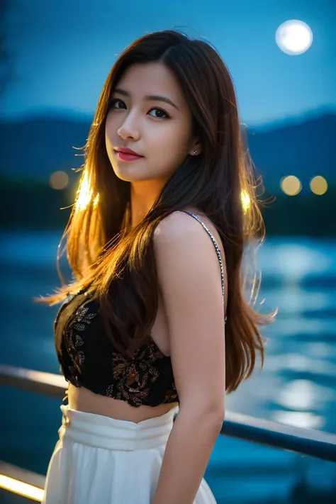 best quality, 16k, high resolution, ultra-detailed, an extremely delicate and beautiful, depth of field, ultra high res, (photorealistic:1.4), 1 milf, long hair, casual wear, cute, lakeside, (night:1.5)