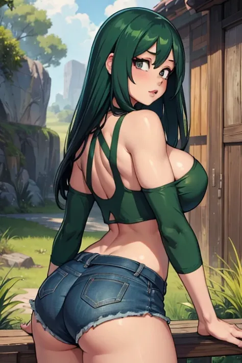 Masterpiece, perfect face, perfect body, perfect breasts, perfect legs, perfect hands, perfect fingers, gorgeous face, very huge breasts, long black hair, erect nipples, skimpy clothes, green crop top, very short shorts, jean shorts, bare midriff, bare sho...