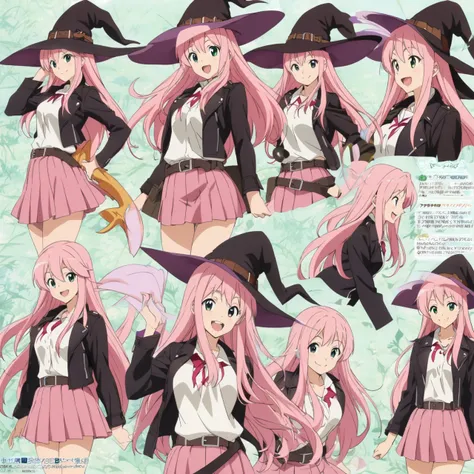 Woman,smile,happy,Witch,female,beauty,Pink hair(long hair),dark green eyes,leather jacket,belt,school uniform(white),witch hat,pink skirt,fantasy,anime design sheet,konosuba style