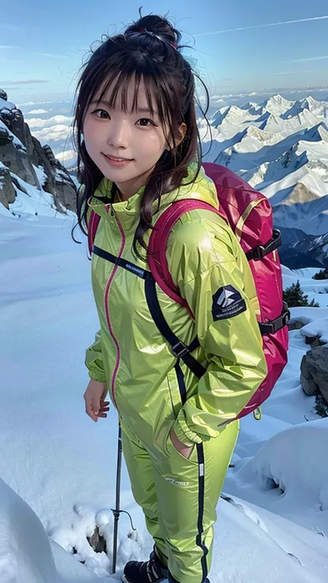 One woman, 21 year old Japanese woman, Shiny brown hair, Medium Hair, Detailed face, Beautiful and detailed, Glowing Skin, Mountaineering wear, ((Fluorescent windbreaker)), ((Long trousers)), ((Trekking poles)), (Mountaineering backpack), (Hiking boots), M...