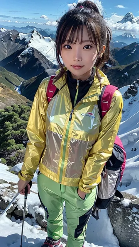 One woman, 21 year old Japanese woman, Shiny brown hair, Medium Hair, Detailed face, Beautiful and detailed, Glowing Skin, Mountaineering wear, ((Fluorescent windbreaker)), ((Long trousers)), ((Trekking poles)), (Mountaineering backpack), (Hiking boots), M...