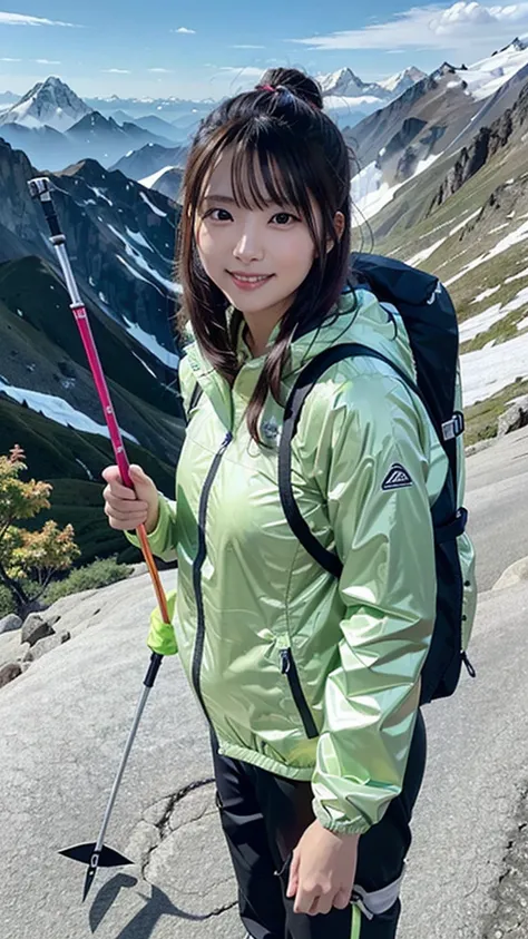 One woman, 21 year old Japanese woman, Shiny brown hair, Medium Hair, Detailed face, Beautiful and detailed, Glowing Skin, Mountaineering wear, ((Fluorescent windbreaker)), ((Long trousers)), ((Trekking poles)), (Mountaineering backpack), (Hiking boots), M...