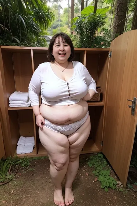 beautiful girl, Bathing at home, locker room, Big smile, Short Bob, Cute Underwear, White panties, Panty shot, barefoot, Half-removed panties, Hips, incomplete、Forest background、Colorful underwear、Laughter、((fat、Big body))