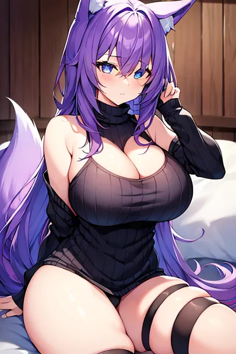 1girl, purple hair, one eye covered, hair over one eye, blue eyes, blue eye, black sweater, sweater, cleavage, large breasts, thick thighs, bed, sittting, waking up, sleepy, fox ears, fox tail