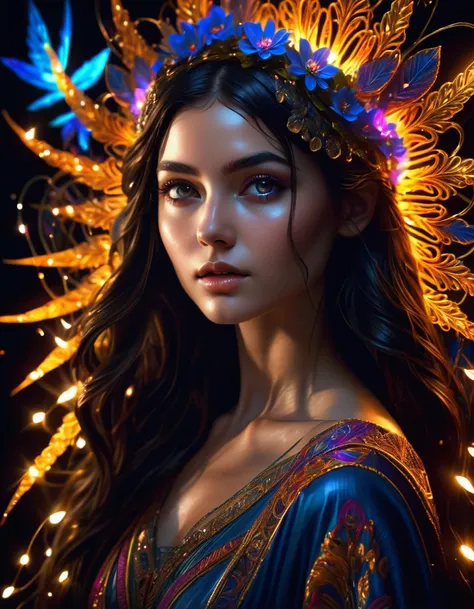 stunningly beautiful girl in the dark, glowing eyes, dark hair, skin glowing, 
glowing flowers around the face,  something mystical and majestic, magic, sparks from the skin and around, very dark, only light neon light, stunning, charming, masterpiece, hig...