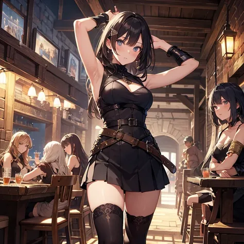 A group of  female medieval fantasy adventurers, (in tavern), various hair styles, harem, night, details face, short skirt, seducing, sleeveless, armor, armpits 