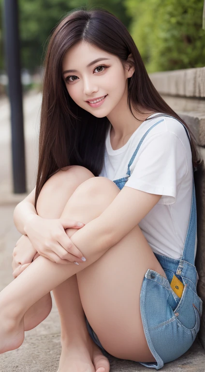 (Highest Resolution, 4K, masterpiece: 1.3), Japanese women, A photo of a woman, cute: 1.1, Beautiful Eyes,Symmetrical eyes,Big eyes, Slim figure, Realistic teeth, double eyelid, smile、(whole body:1.3), highest quality, detailed, Long Hair,、(White T-shirt)、...