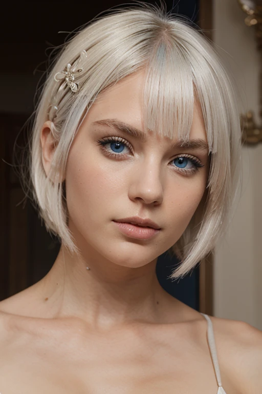 model with white bob hair and grangia, with beautiful blue eyes in a realistic style