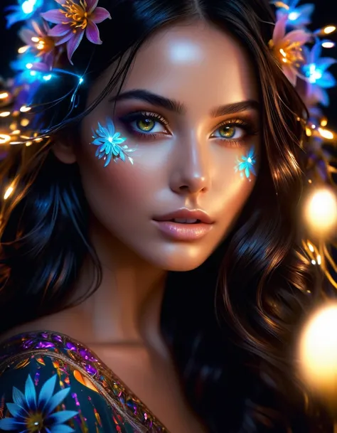 stunningly beautiful girl in the dark, glowing eyes, dark hair, skin glowing, 
glowing flowers around the face,  something mystical and majestic, magic, sparks from the skin and around, very dark, only light neon light, stunning, charming, masterpiece, hig...