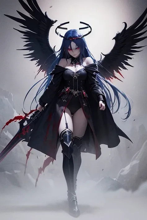 (dark,menacing:1.2),evil dark angel, (long blue hair:1.1), (red halo:1.1), (flaming sword:1.1) shaped like a cross, (dark fantasy:1.2), (red eyes:1.1), (black wings:1.1), (sinister aura:1.1), eerie atmosphere, (ominous shadows:1.1), (mysterious background:...