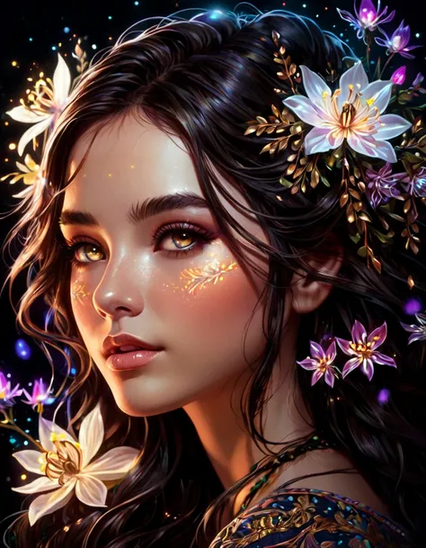 stunningly beautiful girl in the dark, glowing eyes, dark hair, skin glowing, 
glowing flowers around the face,  something mysti...