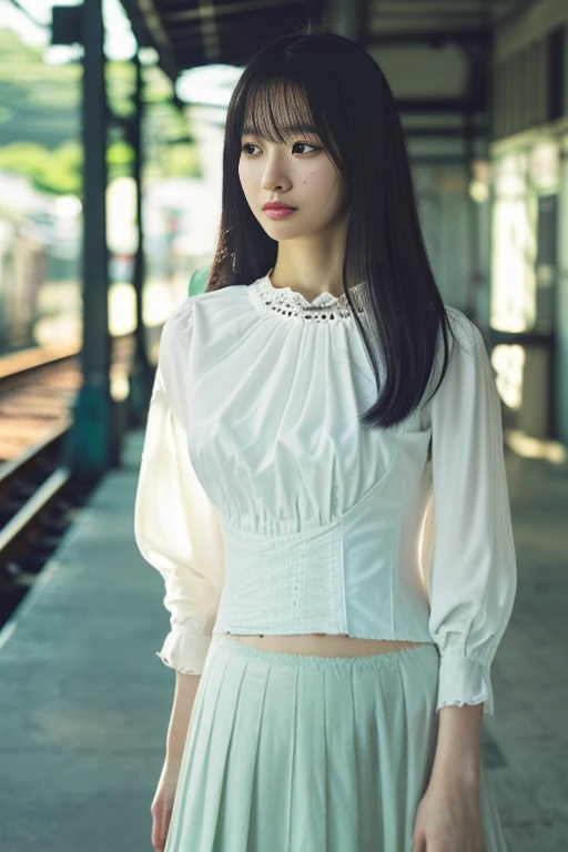 Station platform、Japanese women、young woman、22 years old、Long black hair、(White lightweight blouse、A material that allows your skin to show through:1.7),(Underwear is visible:1.3)、(corset、Pale mint green skirt),slender、(Large Breasts:1.5)、(Beauty、Beautiful...