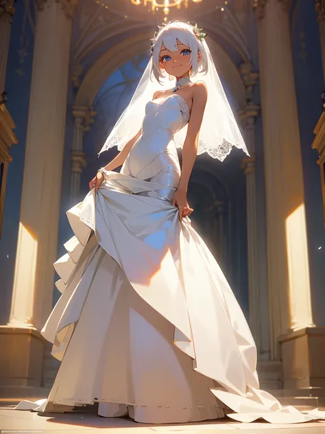 1girl, white hair, short hair, blue eyes, tanned skin, wedding dress, small breasts, happy smile, ballroom, masterpiece, beautiful face, detailed eyes, clean fingers, standing upright, detailed background, full body, standing upright