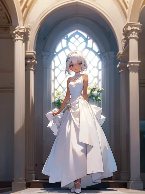 1girl, white hair, short hair, blue eyes, tanned skin, wedding dress, small breasts, happy smile, ballroom, masterpiece, beautiful face, detailed eyes, clean fingers, standing upright, detailed background, full body, standing upright