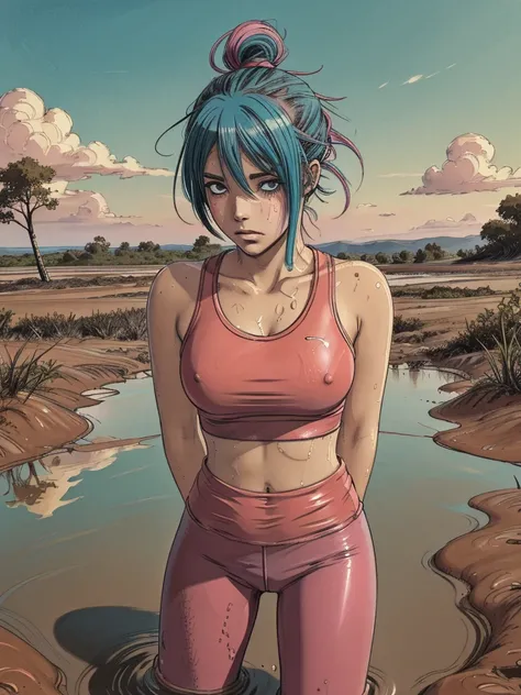 (best quality), (highres), (masterpiece), (anime), (young teenage girl head),(colored hair), (blush), (sporty top),(sporty colored wetlook leggings), (completely drowned in quicksand bog), (red), tears,sky, cant get out, sexual provocation photo session