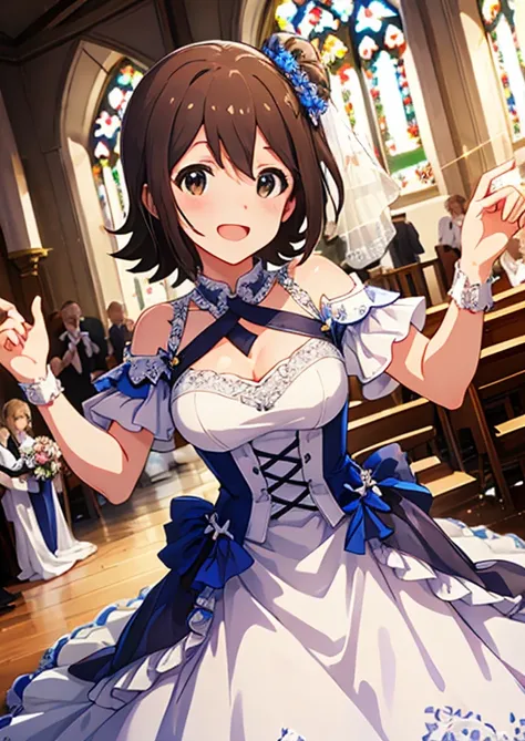 Mirai Kasuga, (highest quality, 8k, masterpiece, Very detailed:1.2), (Lens flare, Particles of light, Shine), Big Breasts, smile, Open your mouth, masterpiece, highest quality, Very detailed, High resolution, Very detailedなCG, (Official Art), Off the shoul...