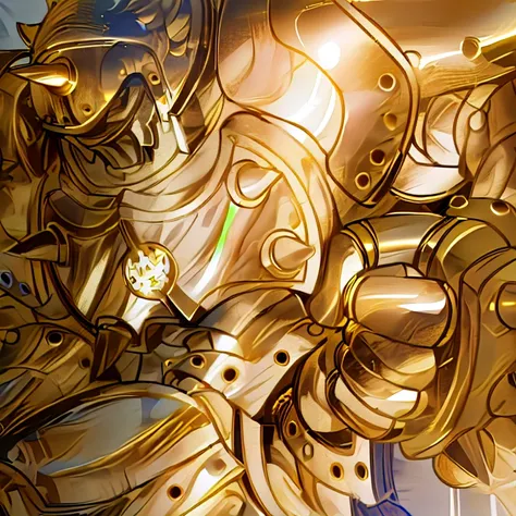 gilded shiny armour, golden armour, heavy golden armour, the golden humanoid robot, heavy gold armour, anime image of a giant ro...