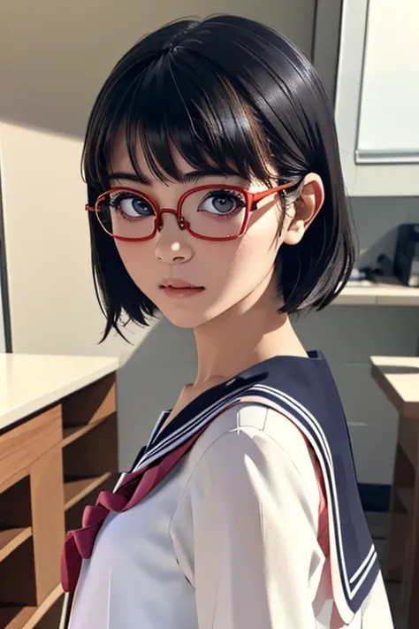 (masterpiece, highest quality), One Girl,  Satou, Satou, Glasses, 赤いフレームのGlasses, Sailor suit, Satou, Glasses, 赤いフレームのGlasses, 