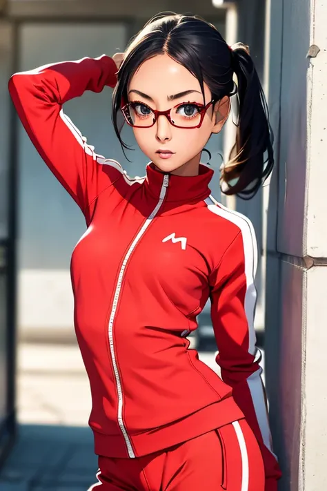 (masterpiece, highest quality), One Girl,  Satou, Satou, Glasses, 赤いフレームのGlasses, Under-rim eyewear, Satou, Glasses, 赤いフレームのGlasses, Under-rim eyewear, Track jacket, Track pants