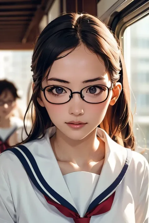 (masterpiece, highest quality), One Girl,  Satou, Satou, Glasses, 赤いフレームのGlasses, Sailor suit, Satou, Glasses, 赤いフレームのGlasses, 