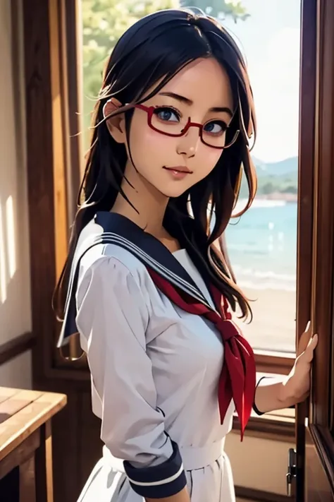 (masterpiece, highest quality), one girl,  satou, satou, glasses, 赤いフレームのglasses, sailor suit, satou, glasses, 赤いフレームのglasses,