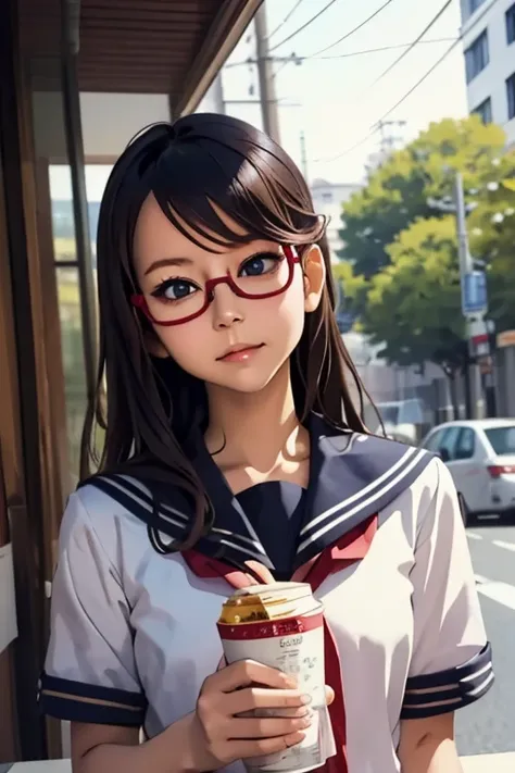 (masterpiece, highest quality), one girl,  satou, satou, glasses, 赤いフレームのglasses, sailor suit, satou, glasses, 赤いフレームのglasses,