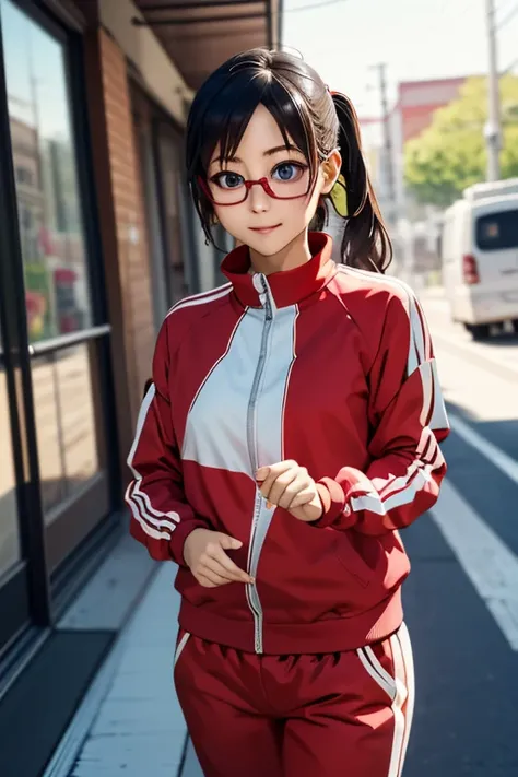 (masterpiece, highest quality), One Girl,  Satou, Satou, Glasses, 赤いフレームのGlasses, Under-rim eyewear, Satou, Glasses, 赤いフレームのGlasses, Under-rim eyewear, Track jacket, Track pants