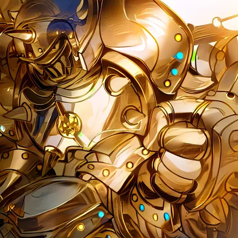 gilded shiny armour, golden armour, heavy golden armour, the golden humanoid robot, heavy gold armour, anime image of a giant ro...