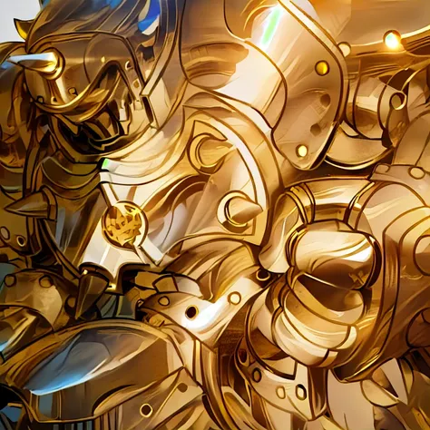 gilded shiny armour, golden armour, heavy golden armour, the golden humanoid robot, heavy gold armour, anime image of a giant ro...