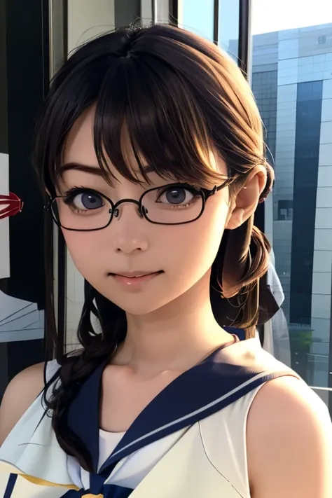 (masterpiece, highest quality), One Girl,  Satou, Satou, Glasses, 赤いフレームのGlasses, Sailor suit, Satou, Glasses, 赤いフレームのGlasses, 