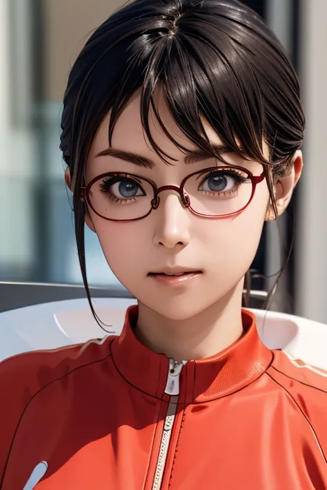 (masterpiece, highest quality), One Girl,  Satou, Satou, Glasses, 赤いフレームのGlasses, Under-rim eyewear, Satou, Glasses, 赤いフレームのGlasses, Under-rim eyewear, Track jacket, Track pants