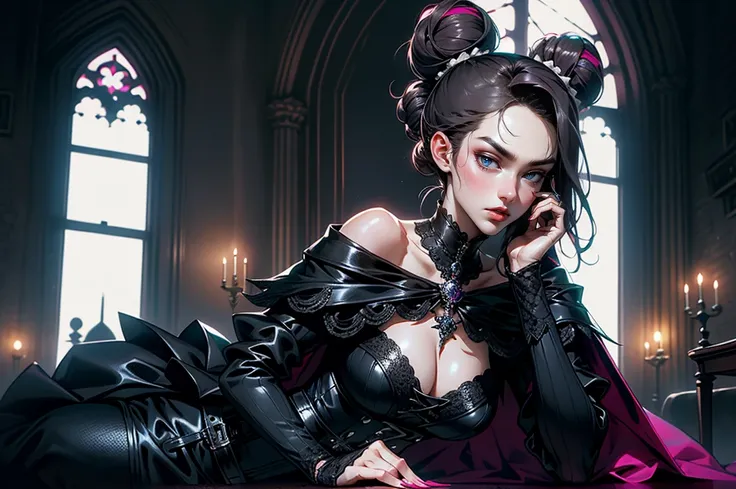 (masterpiece, top quality, best quality, official art, beautiful and aesthetic: 1.2), (1 woman: 1.3), long curly dark brown hair, ((fancy bun)), Victorian style, Victorian classic, extremely detailed, portrait, looking at the viewer, solo, (full body: 0.6)...