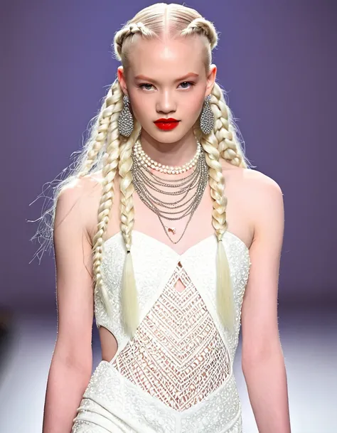 Full shot photograph of a 22 year old woman standing on a fashion runway, she is albino with a mix of African and Asian heritage. Her extra-long hair is styled in small to medium sized platinum blonde African RASTA braids, each intricately woven with delic...