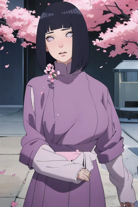 masterpiece, absurdres, hinata(boruto), 1girl, solo,mature female, tshirt long sleeve, high waist short skirt, looking at viewer, (falling petals), perfect composition, detailed lips, big breast, beautiful face, body propotion, blush, (pink lips), long hai...