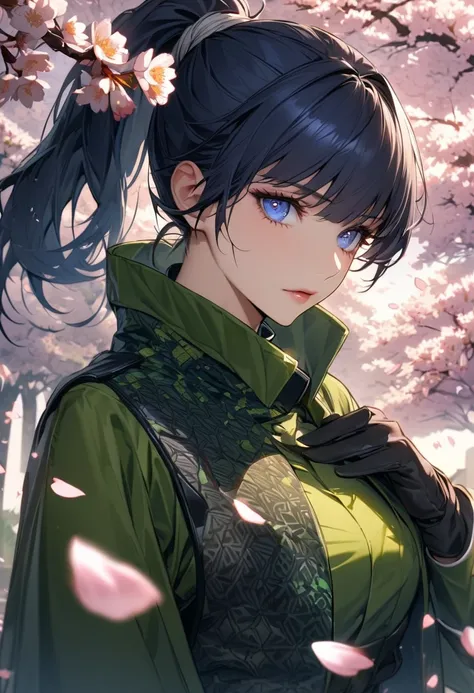 Ultra detailed, Highres, absurdres, HDR, Leona Heidern, dark blue hair tied in a ponytail, expressive dark blue eyes, green clothes with patterns, The King Of Fighters, cherry blossoms, petals, extremely beautiful, woman, solo, very detailed eyes and face,...