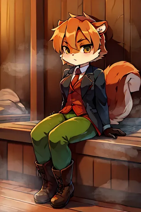 boy, squirrel, furry, bodyfur, blazer, green tights, gloves, boots, sauna