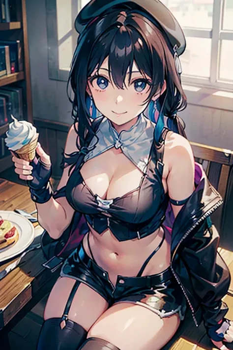 (from below:1.2),(from side:0.9), ((cute Face)), (Close-Up:0.6), ((looking at viewer, holding a icecream)),(Italian sweets magazine cover:1.4), highest quality、(real、photorealistic:1.5),(ultra high resolution,dark blue hair,long hair,side ponytail,hair bet...