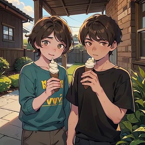 jake y andrew, two nine year old boys, they are both chatting happily while eating ice cream. jake is kinder and happier, tiene ...