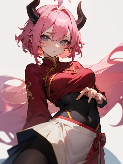 Masterpiece, best quality, expressive eyes, perfect face, 1girl, pink hair, ahoge, heretochromia, grey eyes, oni horns, full bust, cheongsam, pelvic_curtain, medium breasts