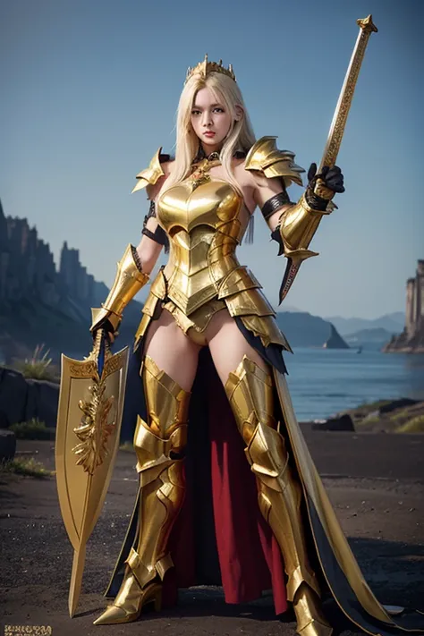 Gold Dragon Queen, (Attractive Russian model Nata Lee), Light blonde hair color, Huge , Dragon Heavy Armor, (Holding a sword and a gold shield), transparent, Are standing, The body is slim, Muscle Abs.