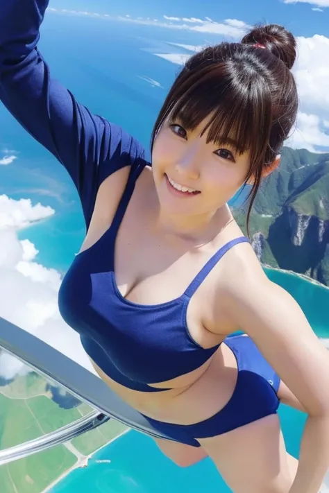 A cute, beautiful, voluptuous Japanese woman in her late 20s with the same hairstyle as Haruka Ayase, skydiving at 4000 meters above the ground.、They are having so much fun that they are spreading their arms and legs out in excitement.、She looks great in a...