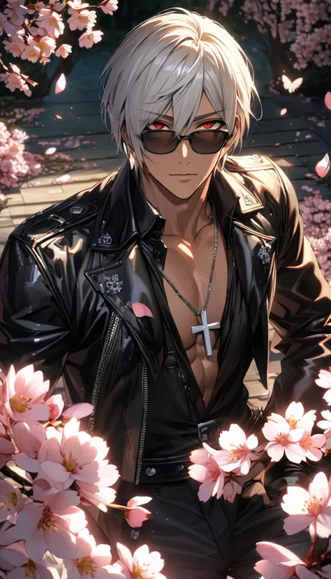 Ultra detailed, Highres, absurdres, HDR, K, white hair with bangs, short hair, hair between the eyes, expressive red eyes, black leather clothes, black sunglasses, cross necklace, tanned skin, The King Of Fighters, cherry blossoms, petals, extremely handso...