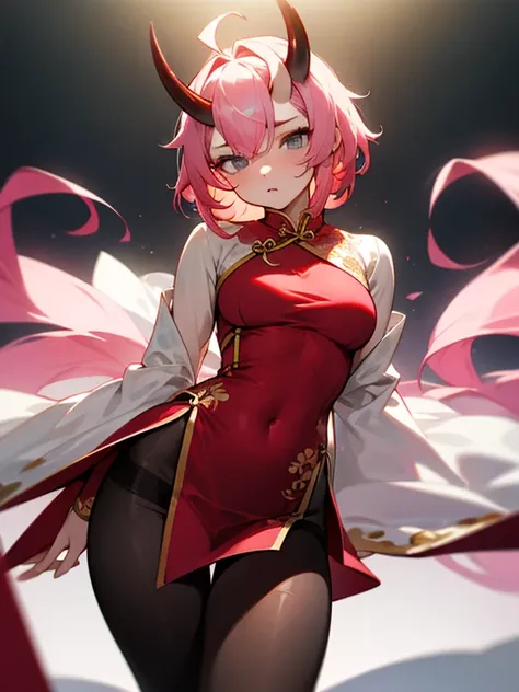 Masterpiece, best quality, expressive eyes, perfect face, 1girl, pink hair, ahoge, heretochromia, grey eyes, oni horns, full bust, cheongsam, pelvic_curtain, medium breasts, pantyhose