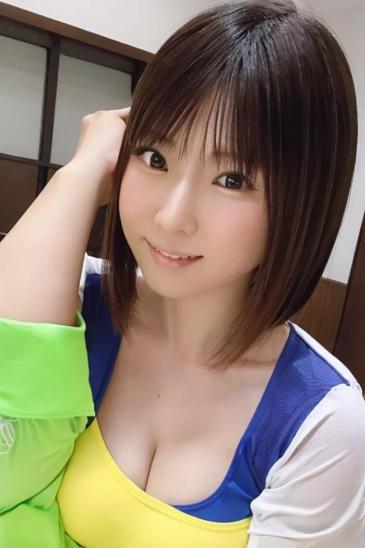 A cute, beautiful, voluptuous Japanese woman in her late 20s with the same hairstyle as Haruna Kawaguchi, skydiving at 4000 meters above the ground.、They are having so much fun that they are spreading their arms and legs out in excitement.、She looks great ...