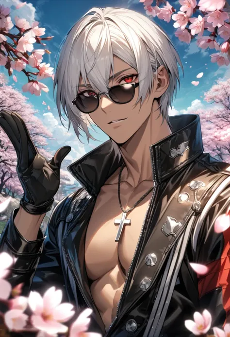 Ultra detailed, Highres, absurdres, HDR, K, white hair with bangs, short hair, hair between the eyes, expressive red eyes, black leather clothes, black sunglasses, cross necklace, tanned skin, The King Of Fighters, cherry blossoms, petals, extremely handso...