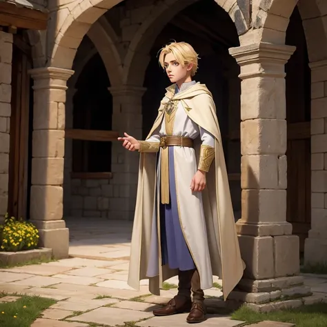 Medieval prince, médium blonde hair, light eyes, dressed in medieval clothes with an open cloak enjoying the landscape of the kingdom Full body