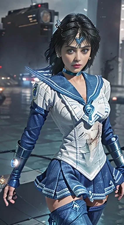 Unreal Engine:1.4,Ultra-high resolution,Best Quality:1.4, Realistic:1.4, Skin Texture:1.4, masterpiece:1.8, (Sailor Mercury:1.4), blue eyes, uniform, 両handを水平に広げる、Christ Pose、Large Breasts, tiara, Sailor Warrior Uniforms, (RAW Photos, Best Quality), master...